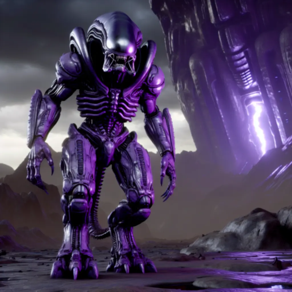 Obcy Kolos — wielki, opancerzony przeciwnik w stalowo-fioletowej zbroi