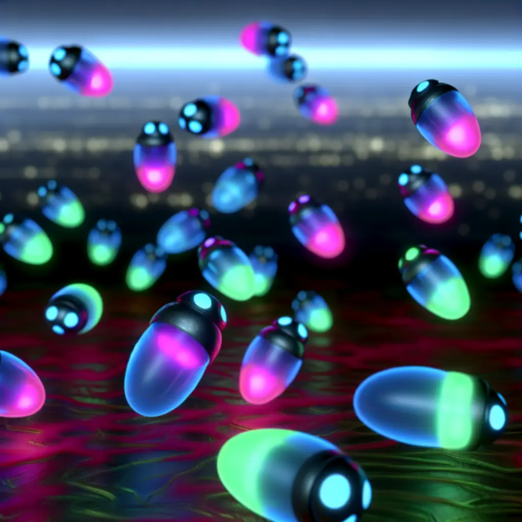 Rój małych obcych unoszących się w neonowej poświacie