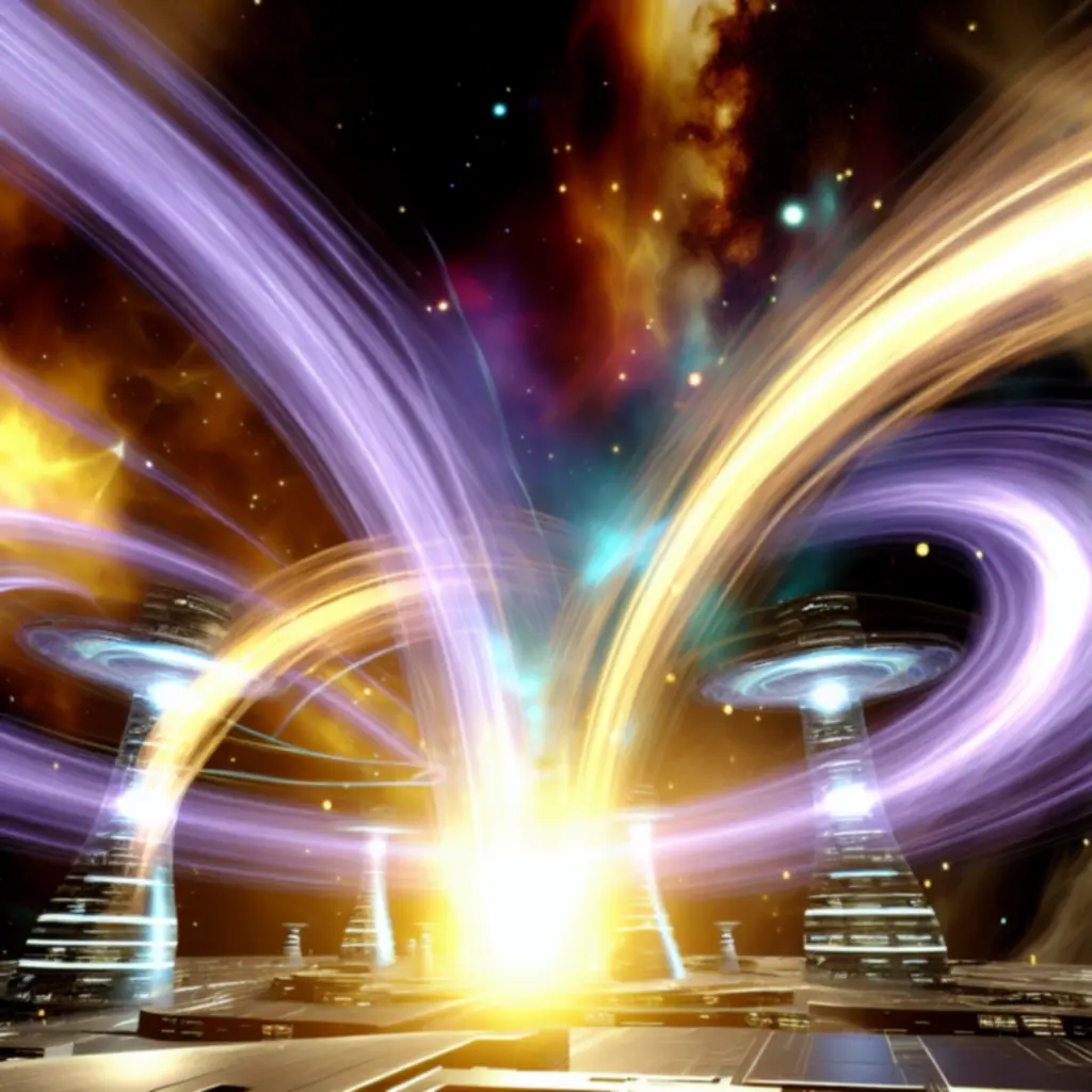 Wizualizacja kosmicznej fuzji energii wpływającej na wieże