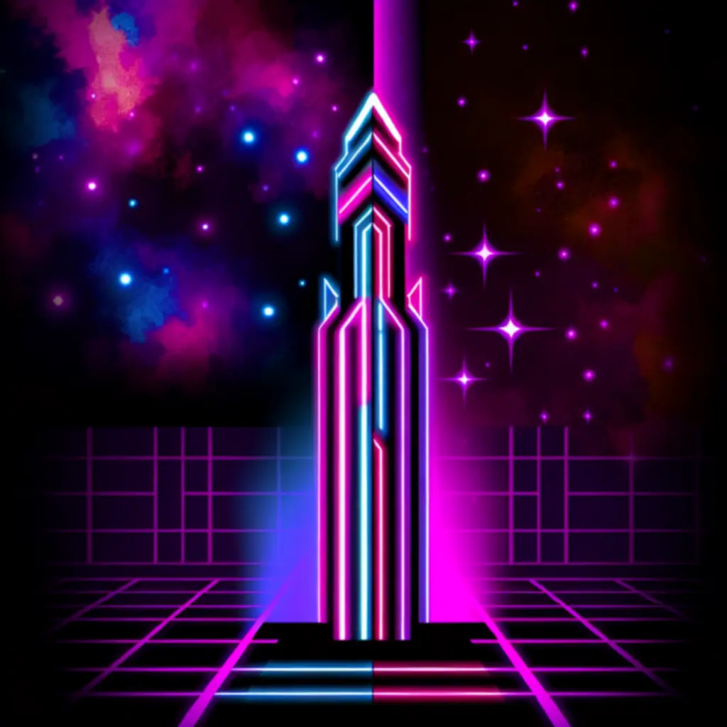 Fanart przedstawiający wieżę Starshield w neonowej stylistyce