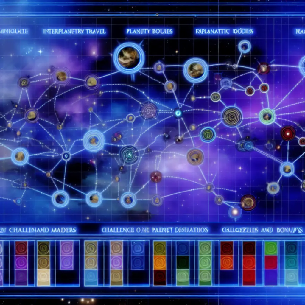 Mapa międzyplanetarnych szlaków z podświetlonymi modyfikatorami wyzwań i nagród