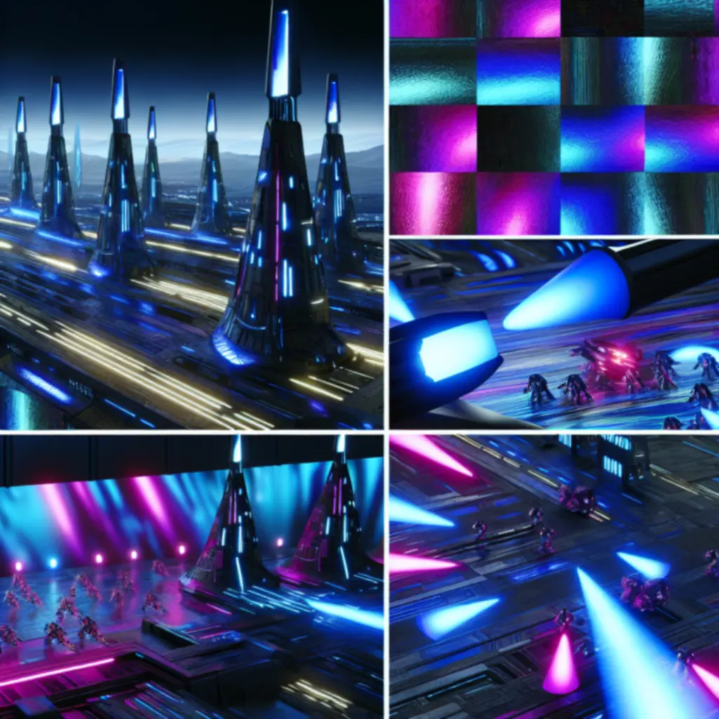 Futurystyczny widok pola bitwy z neonowymi wieżami i falami obcych