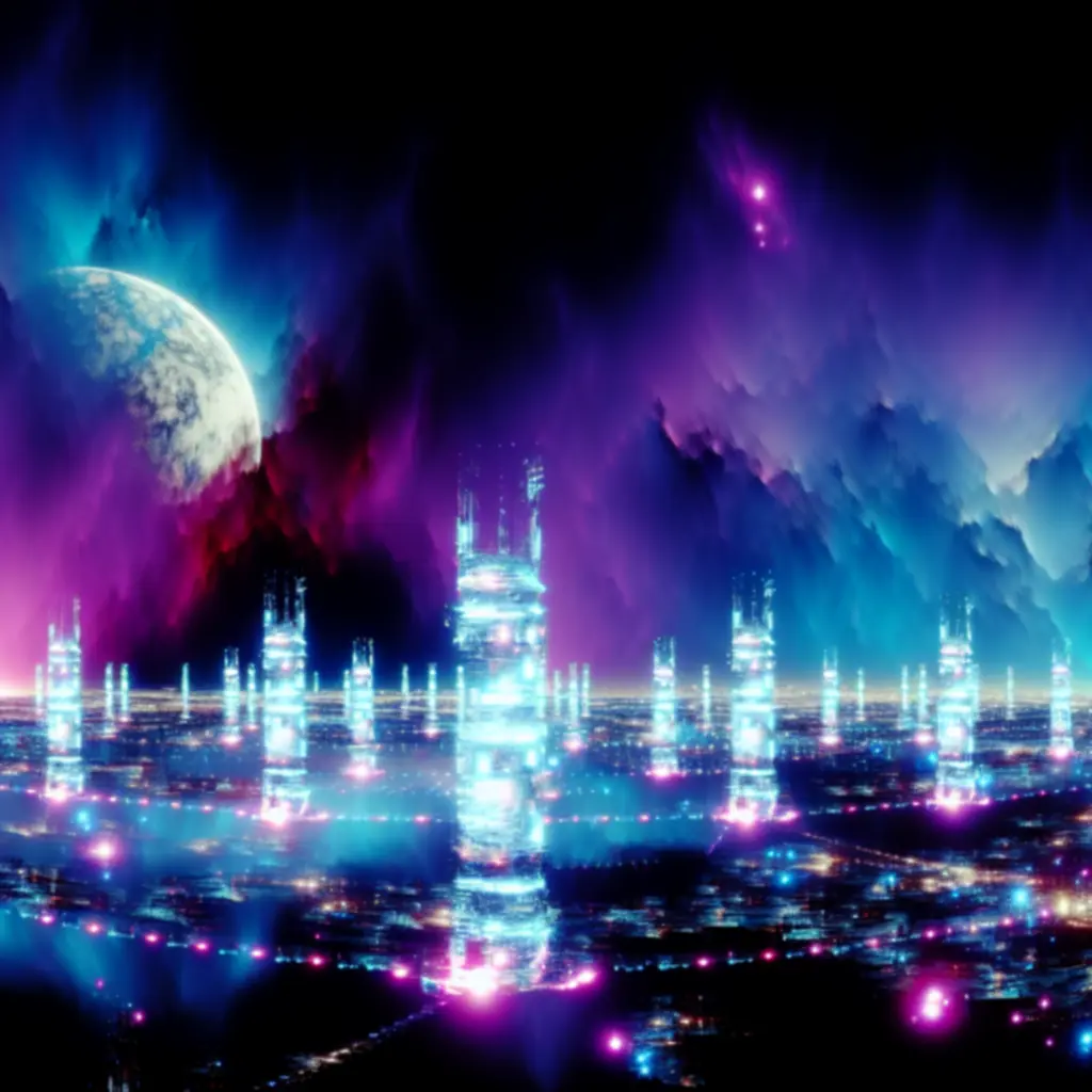 Kosmiczny pejzaż z futurystycznymi wieżami obronnymi i neonową poświatą