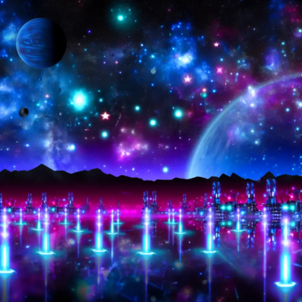 Futurystyczna, kosmiczna panorama z neonową poświatą przedstawiająca pole bitwy w Space Defense