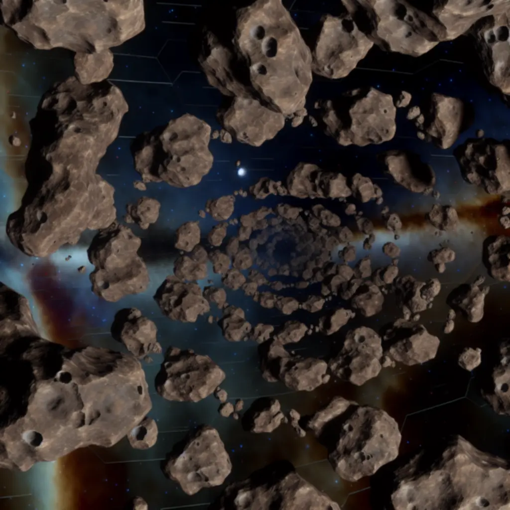 Mapa Pas Asteroidów Epsilon z gęstymi polami asteroid i wąskimi tunelami