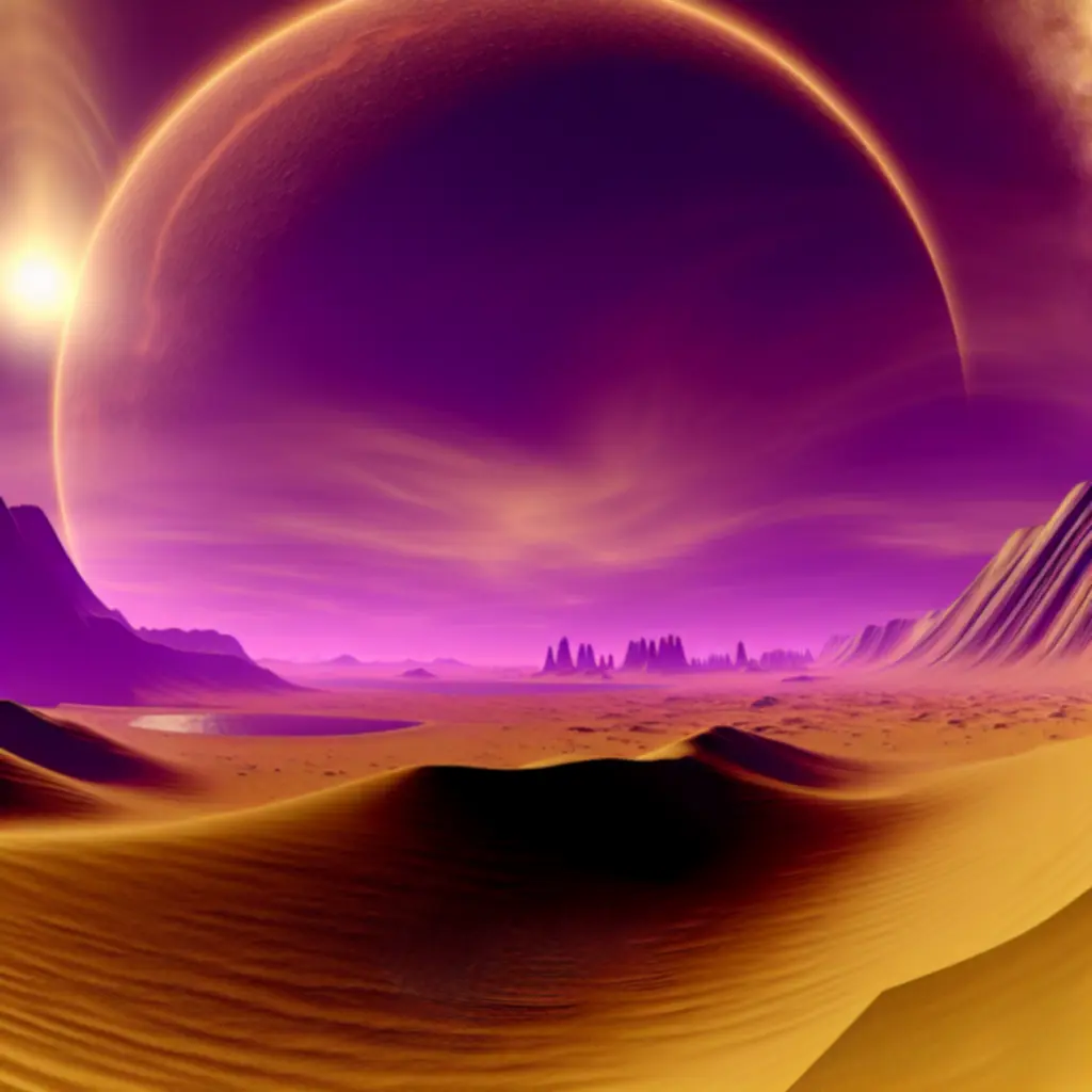 Mapa Pustynna Planeta Aridia z fioletowym niebem i piaskowymi grzbietami