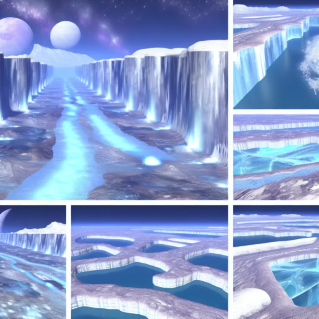 Mapa Lodowy Księżyc Niflheim z lodowymi kanionami i błękitnym blaskiem