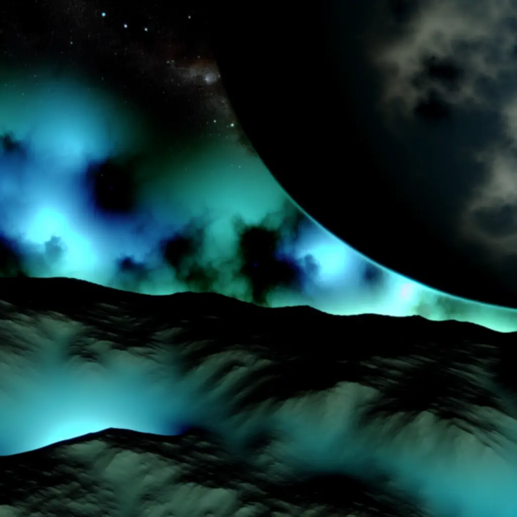 Planeta Nyx-7 — ciemne chmury i turkusowe zorze