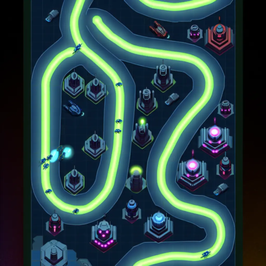 Przykładowe rozmieszczenie wież na zakrętach oraz punktach zwężeń w Space Defense