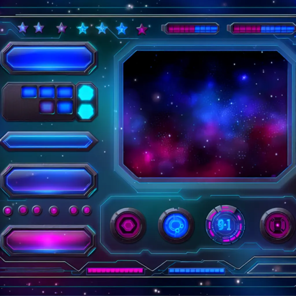 Panel ulepszeń wież z neonowym, kosmicznym interfejsem