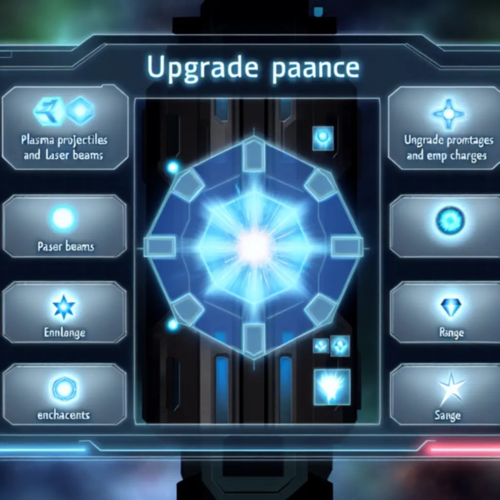 Panel ulepszeń wieży z modułami obrażeń, zasięgu i umiejętności